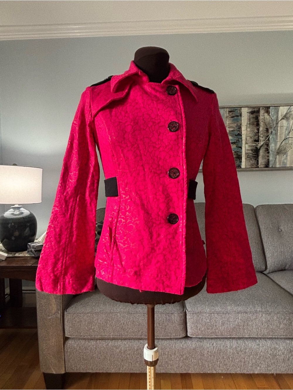 Women's Fuchsia Textured Pea Coat with Contrast Accents